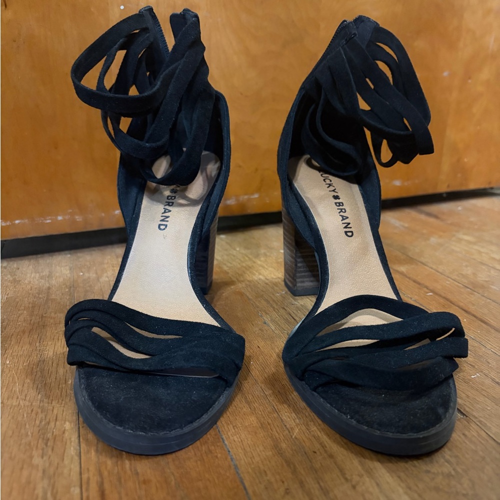 Lucky Brand Black Suede Lace-Up Block Heel Sandals